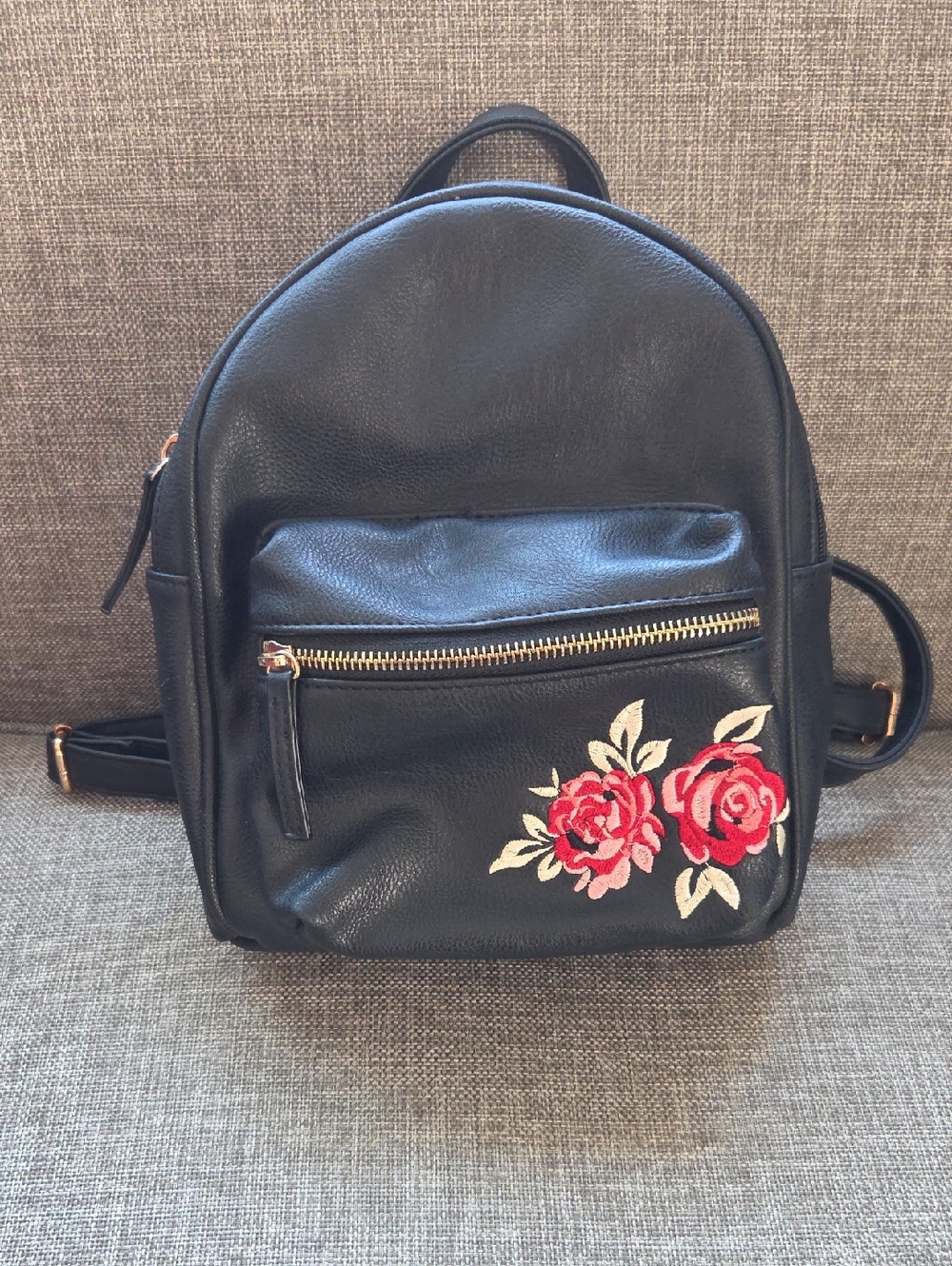 Black Faux Leather Backpack with Red Rose Embroidery